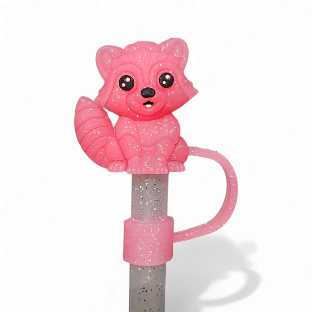 Strawberry RED Glitter Raccoon 3D Silicone Straw Topper | Pack Of 10 | Wholesale
